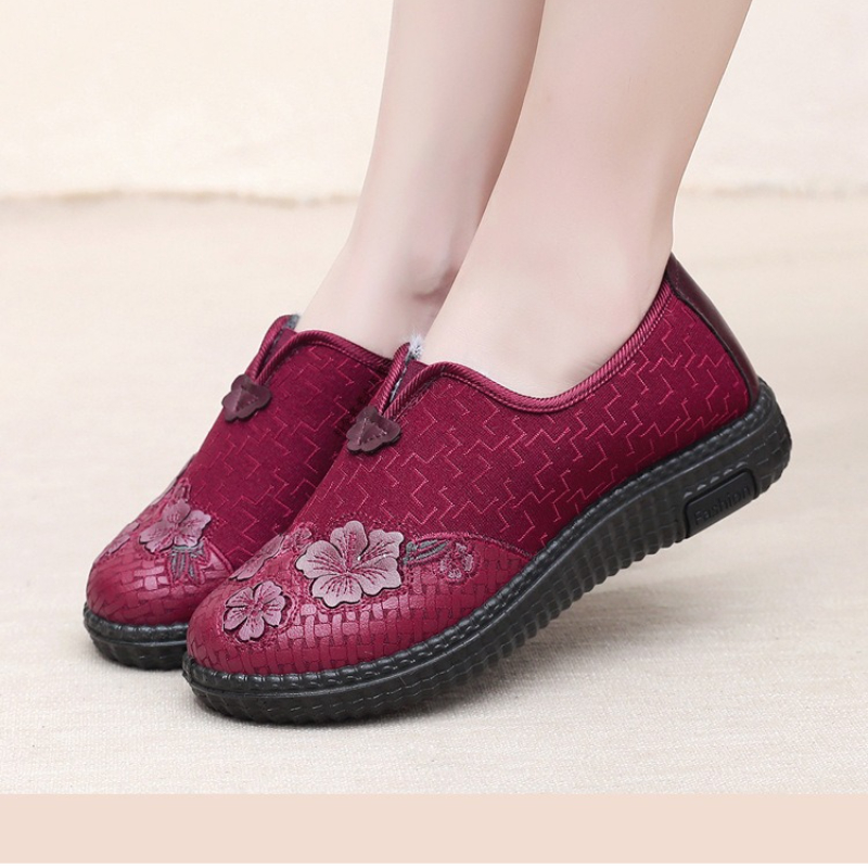 Embroidery Online - 女性用、冬用、裏地付き、スリッポンタイプの靴。花柄刺繍、柔らかい素材、滑り止め加工、フラットソール、暖かく、普段使いに最適、高齢者や母親向けのウォーキングシューズ。