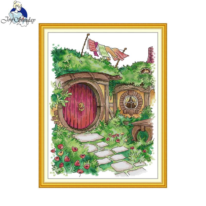Embroidery Meaning - ジョイサンデー ホビット小屋柄プリントクロスステッチキット アイーダ 16/14/11CT DIYフォーククラフト ホームデコレーション