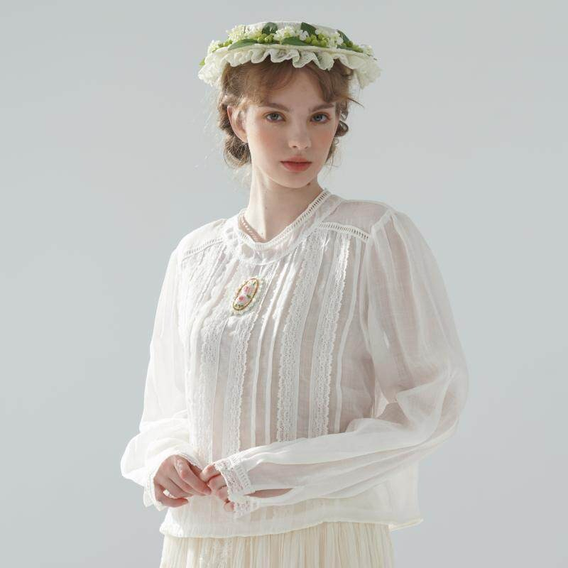 100cmバスト 100%ラミー薄い白ブラウス女性フレンチヴ - Embroidery Rose のレビューと価格