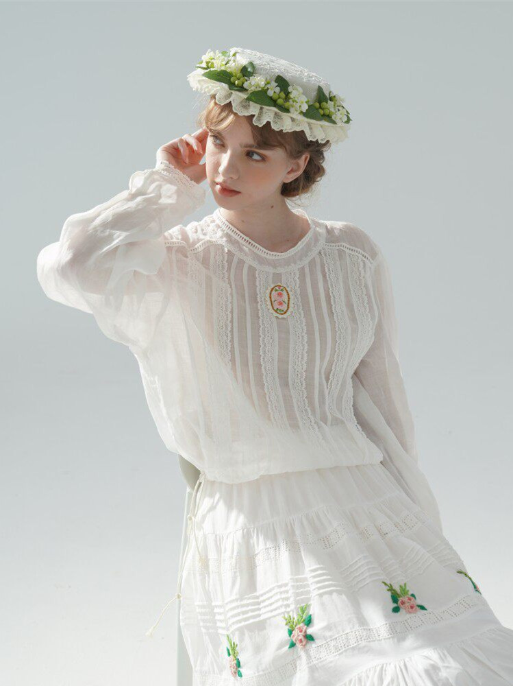 100cmバスト 100%ラミー薄い白ブラウス女性フレンチヴ - Embroidery Rose のレビューと価格