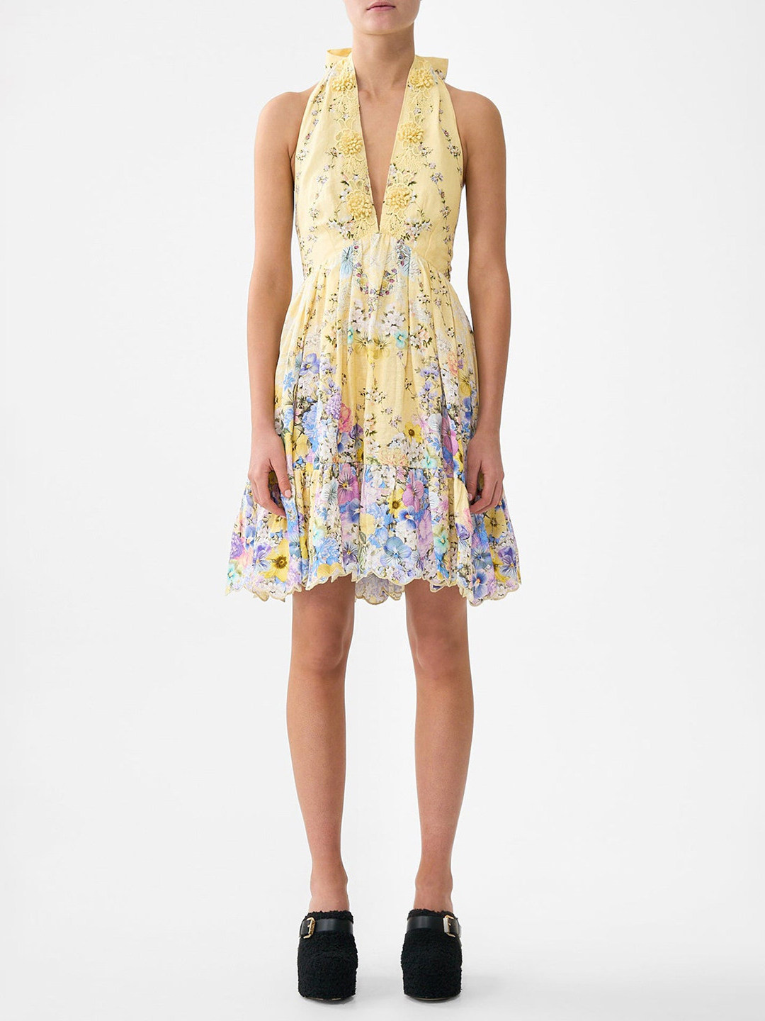 夏休みスタイル イエローの花柄刺繍レース ホローアウトAライ - Embroidery Yellow Dress のレビューと価格