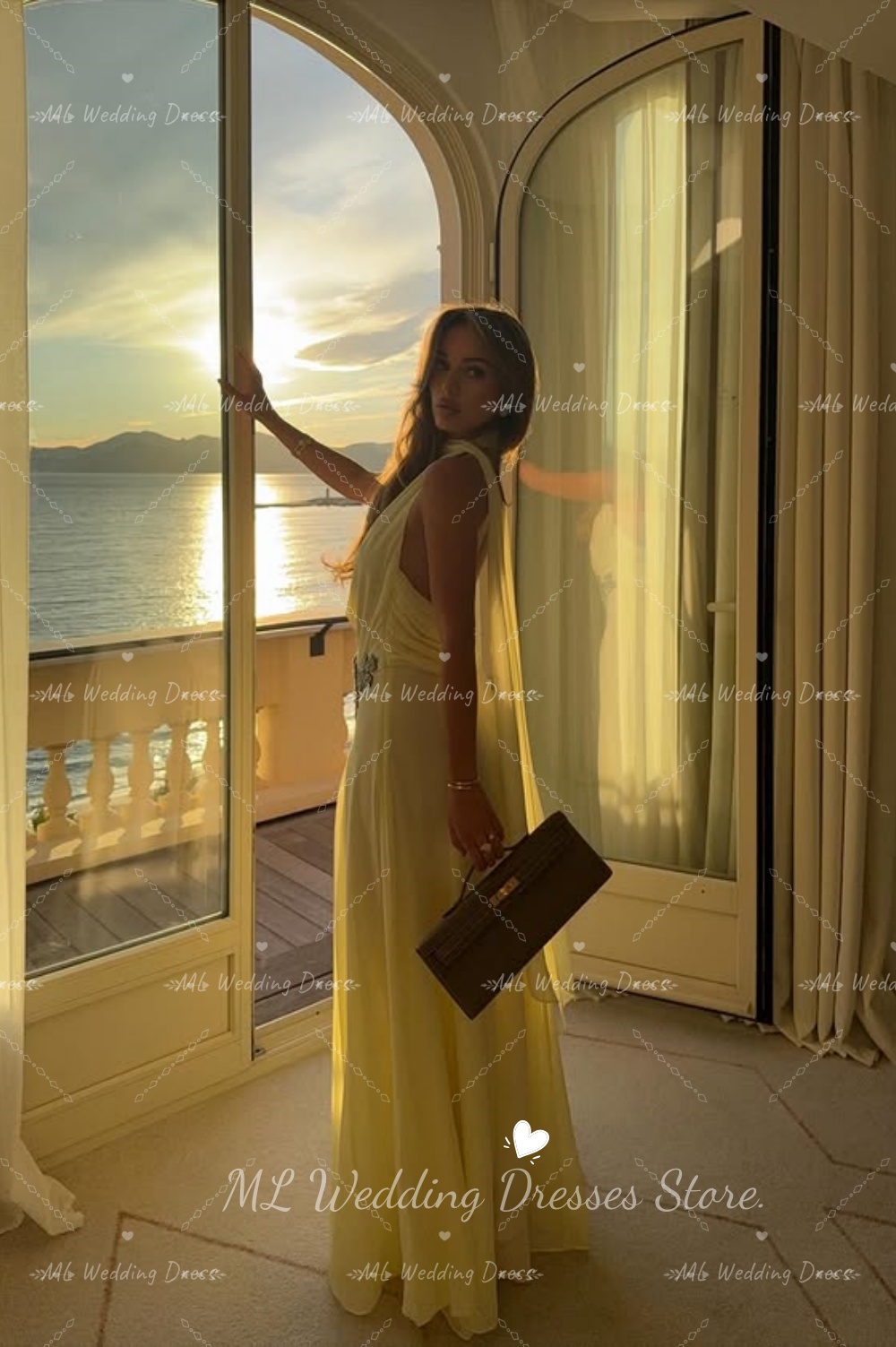 ML ファッション ホルター ソフトイエロー シフォン イブ - Embroidery Yellow Dress のレビューと価格