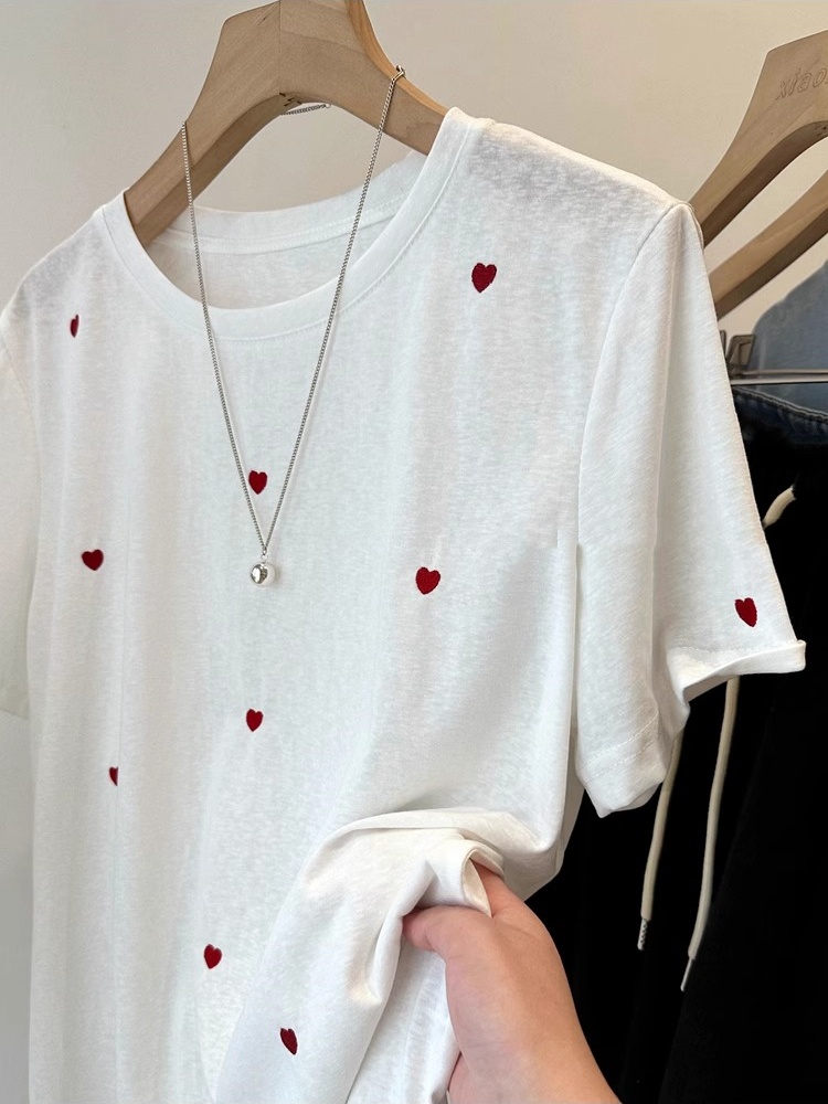 プラスサイズ 240 ポンド ラブ刺繍半袖レディース夏ルーズ - Embroidery Cotton Shirt のレビューと価格