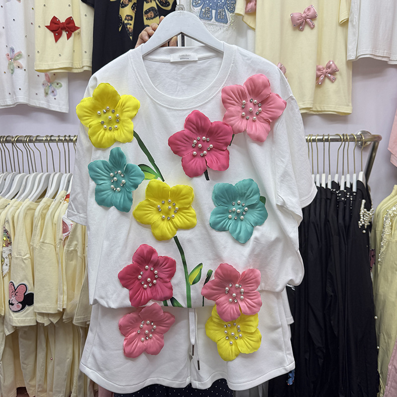 夏カラフルな 3D 花 Tシャツ真珠ビーズ花刺繍 Tシャツ  - Embroidery Cotton Shirt のレビューと価格