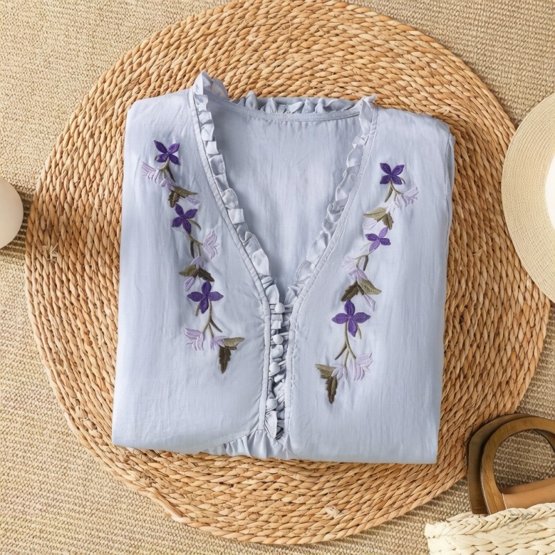 エレガントな紫の花柄刺繍コットンリネンシャツ、優しいプリーツ - Embroidery Cotton Shirt のレビューと価格