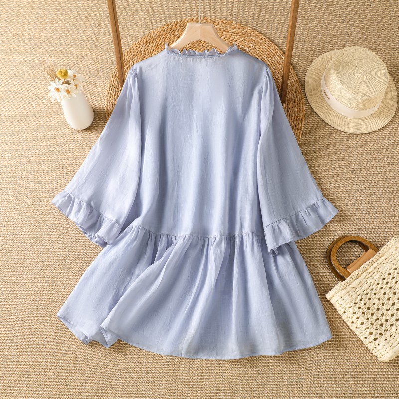 エレガントな紫の花柄刺繍コットンリネンシャツ、優しいプリーツ - Embroidery Cotton Shirt のレビューと価格